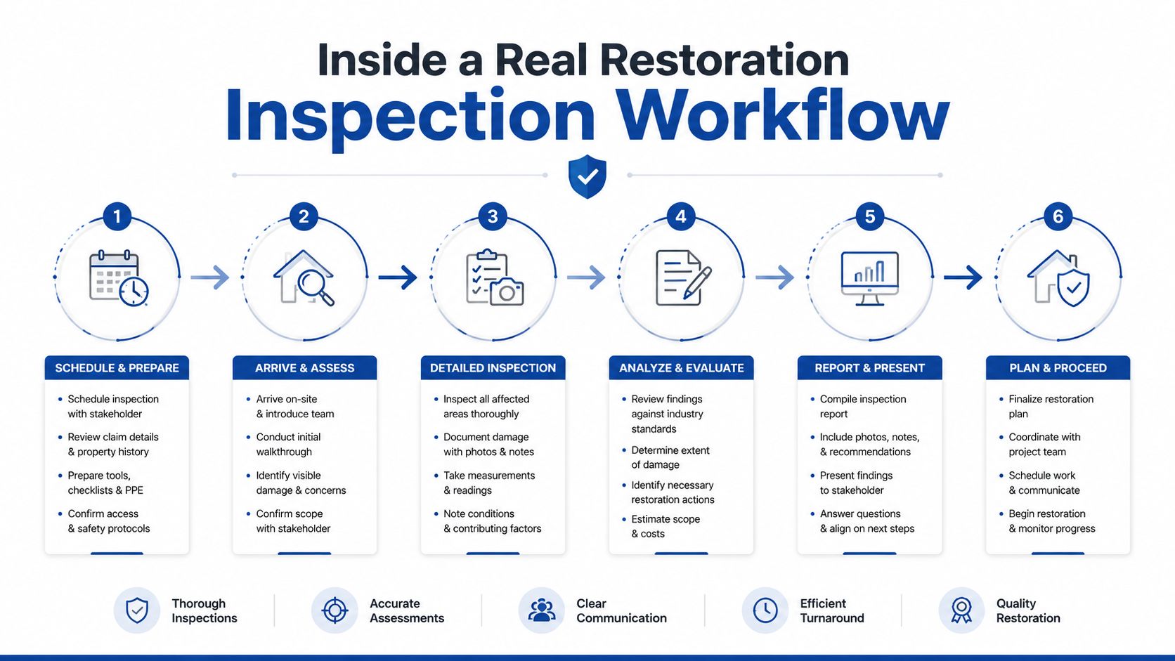 A professional six-step infographic detailing the comprehensive real restoration inspection workflow process for property damage assessment.