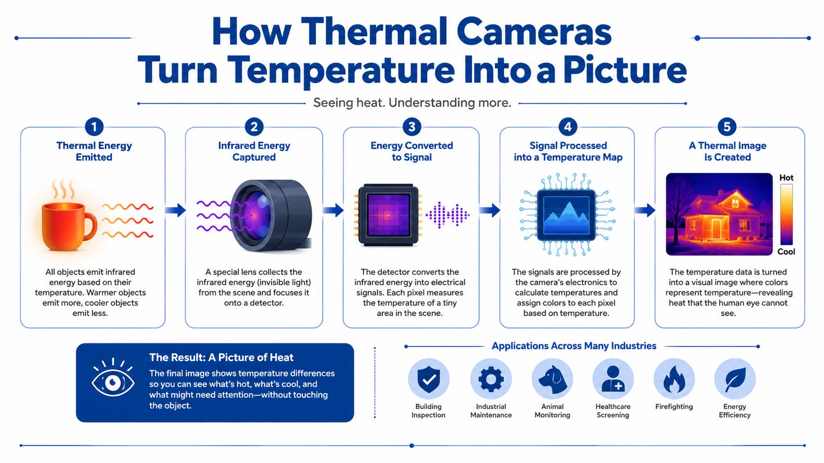 An infographic illustrating the five steps thermal cameras take to convert infrared radiation into a visual image.