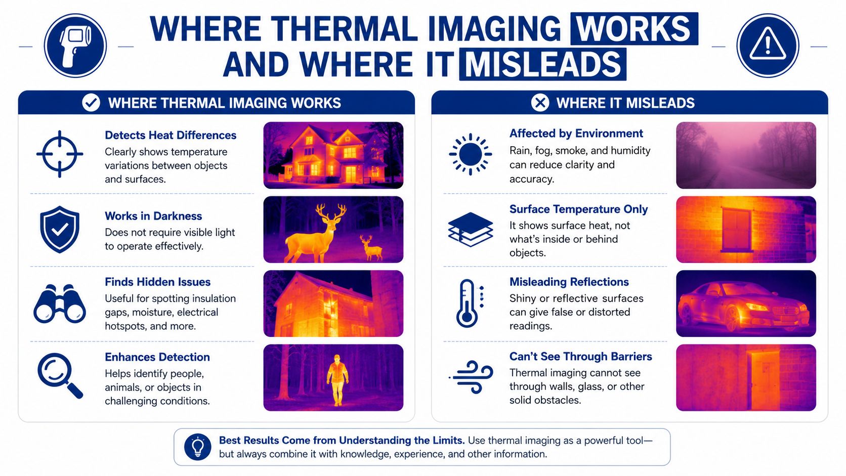 An infographic showing the benefits and limitations of using thermal imaging technology for various inspection tasks.
