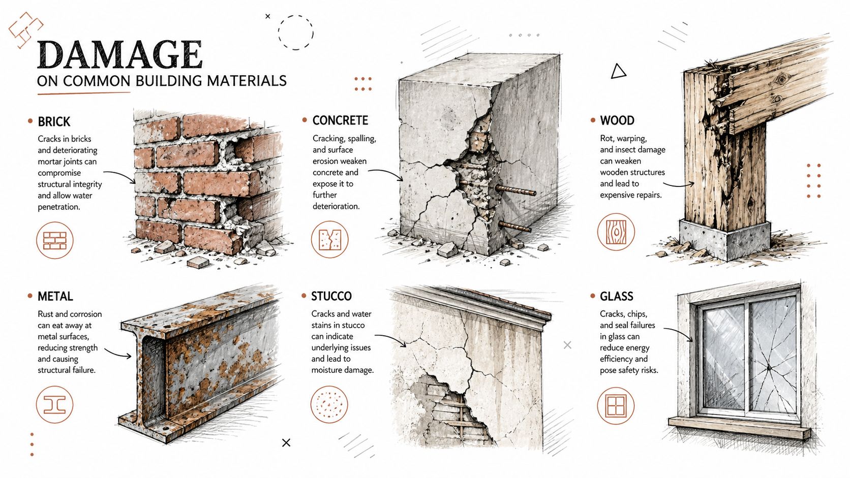 A detailed infographic illustrating common types of damage to building materials like brick, concrete, wood, metal, stucco, and glass.