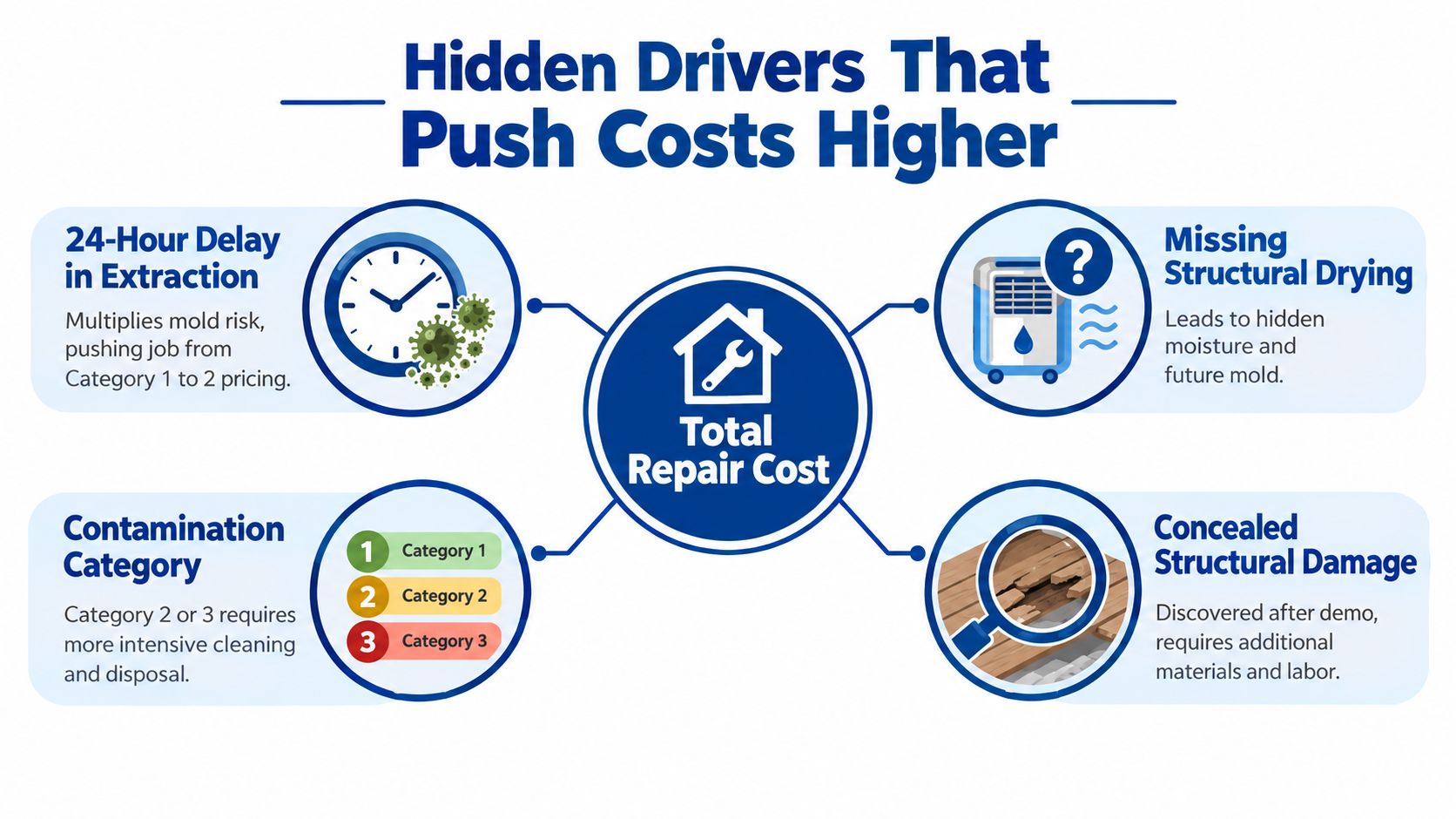 An infographic detailing hidden drivers like delay, contamination, and structural damage that increase basement flooding repair costs.