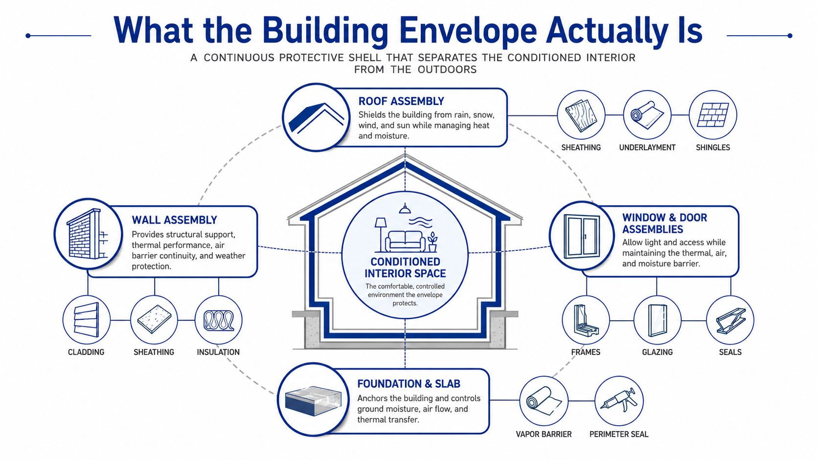 A diagram illustrating the components of a building envelope that separates the conditioned interior from outdoor elements.