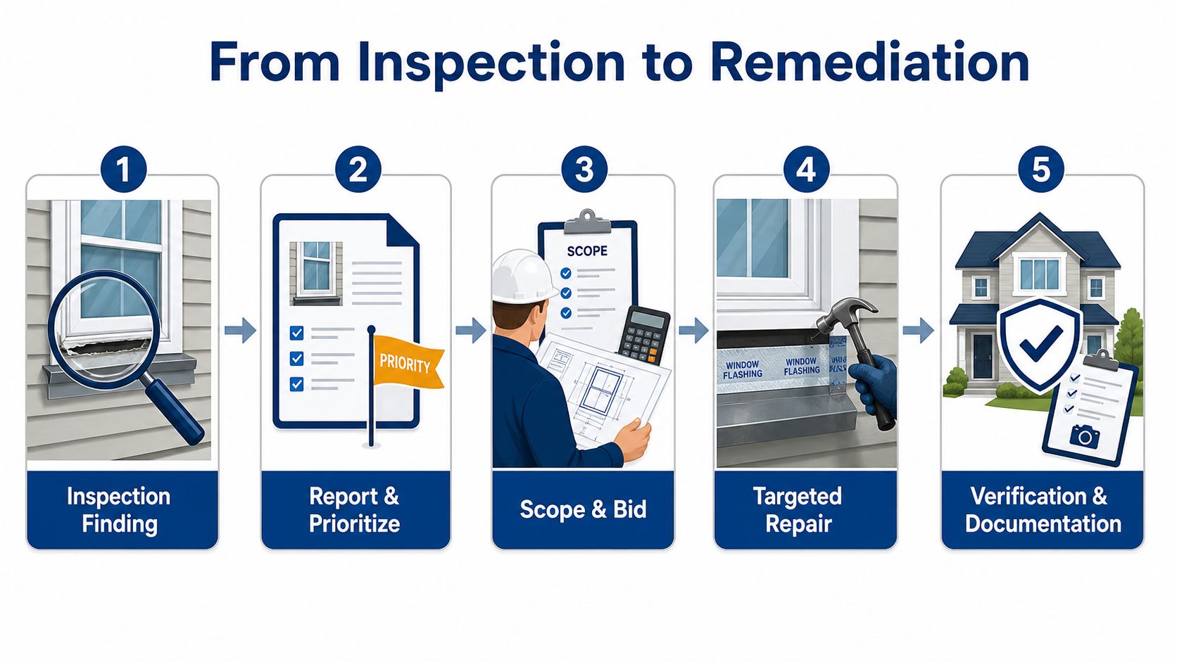 A five-step professional process diagram showing building envelope inspection, repair, and verification phases for a home.