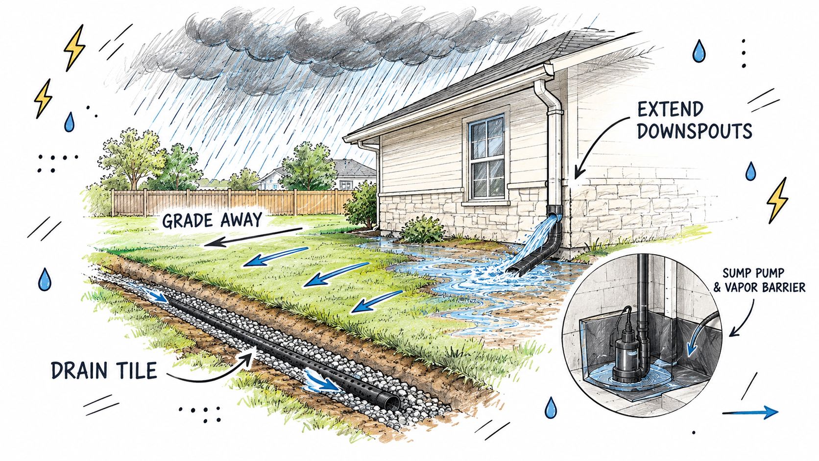 An illustration showing drainage solutions for crawl space water damage including downspout extensions, grading, and sump pumps.