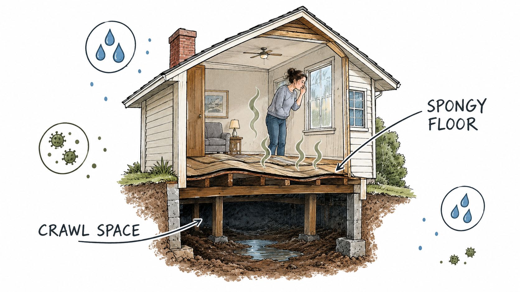 A cutaway illustration of a home showing water pooling in the crawl space causing floor damage.