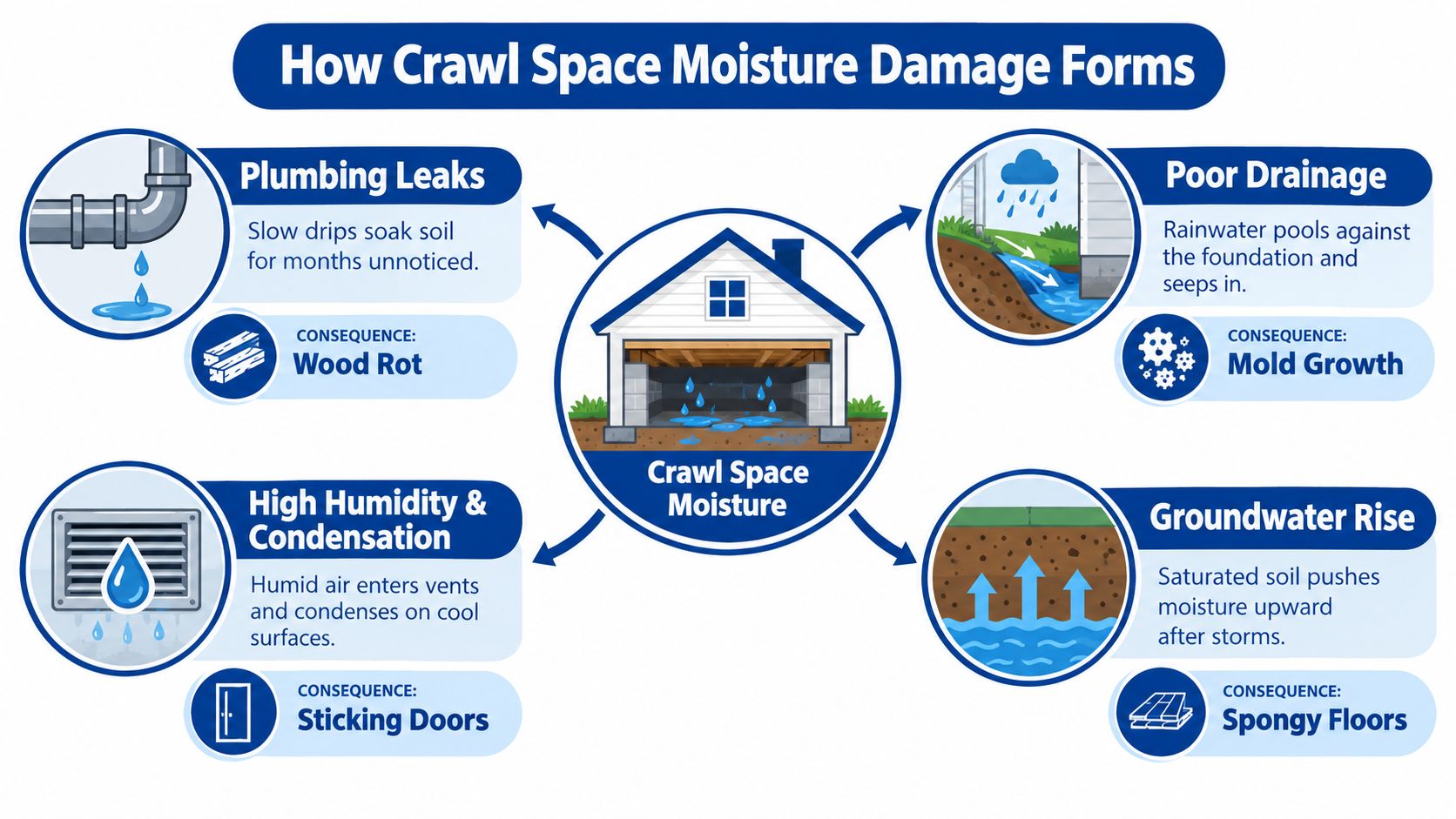 An infographic detailing four primary causes of crawl space moisture damage including leaks, drainage, humidity, and groundwater.