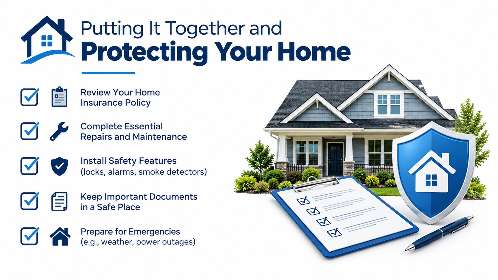 An infographic titled Putting It Together and Protecting Your Home featuring a checklist and protective shield.