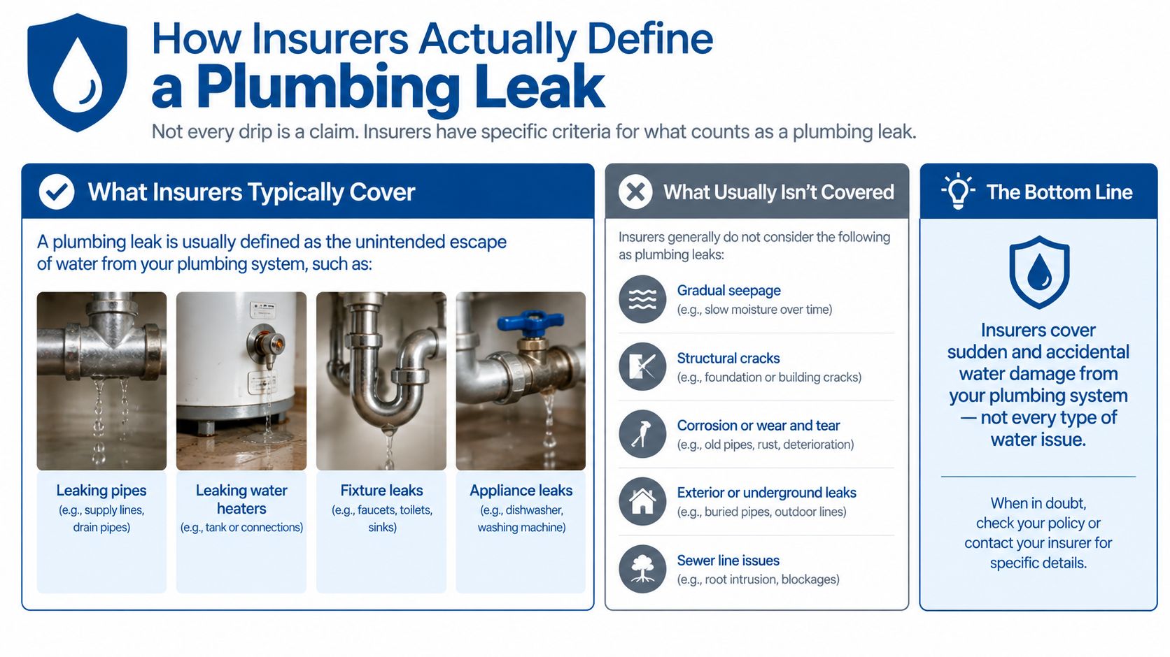 An infographic explaining insurance coverage for plumbing leaks, distinguishing between covered sudden incidents and excluded maintenance issues.