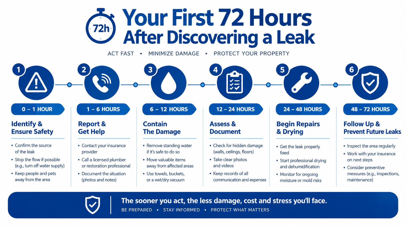 An infographic detailing a six-step emergency plan to manage and minimize water damage within 72 hours.