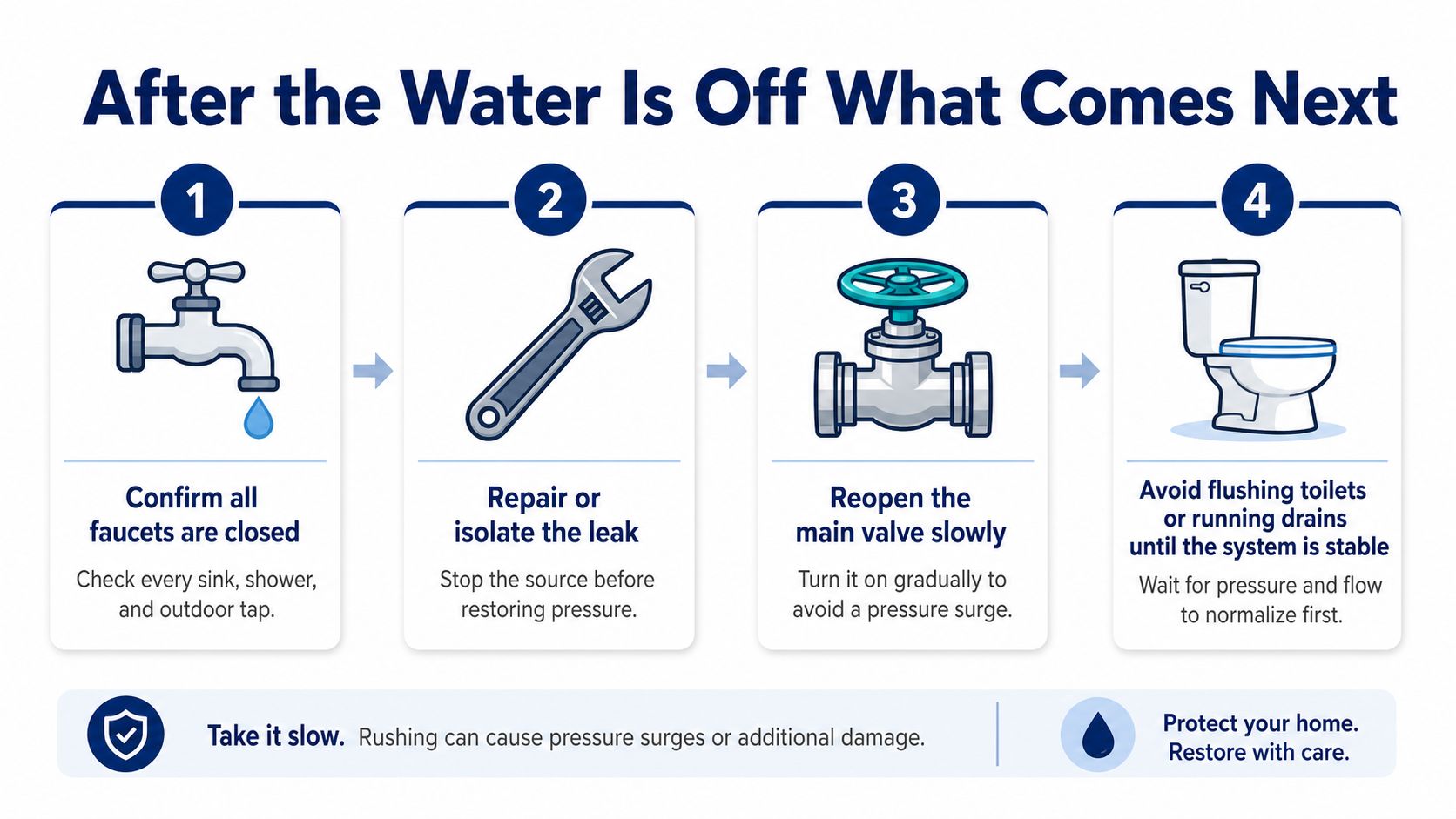 An infographic showing four steps to restore water service after a shut-off, with icons and instructions.