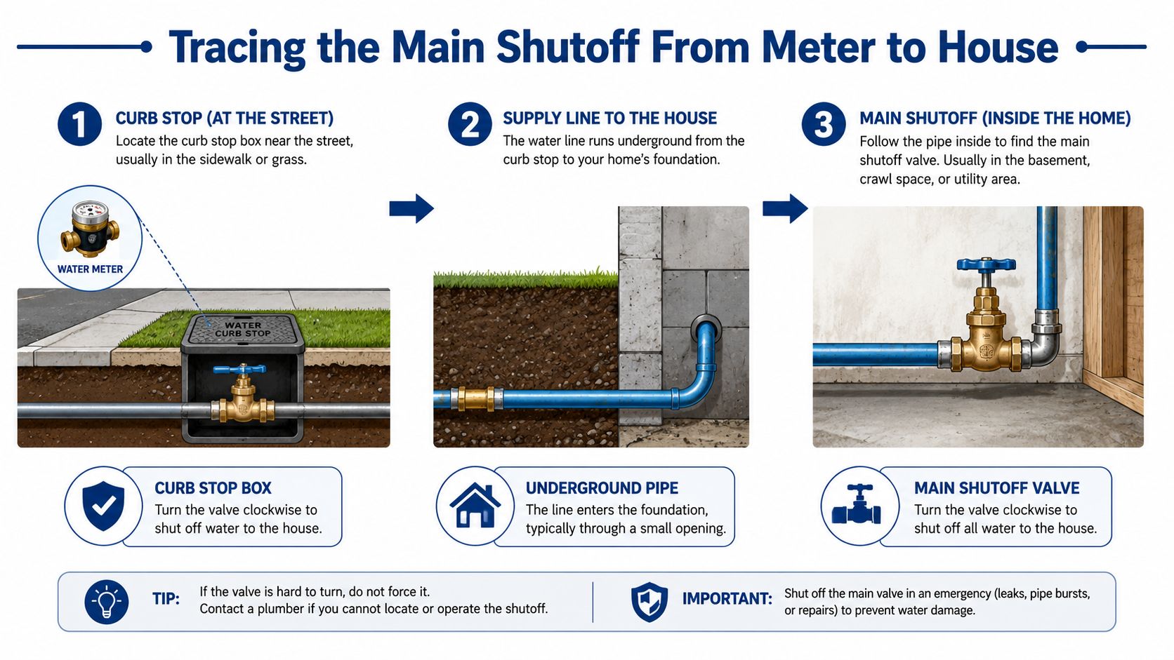 A diagram illustrating how to trace and shut off the main water valve from the street to home.