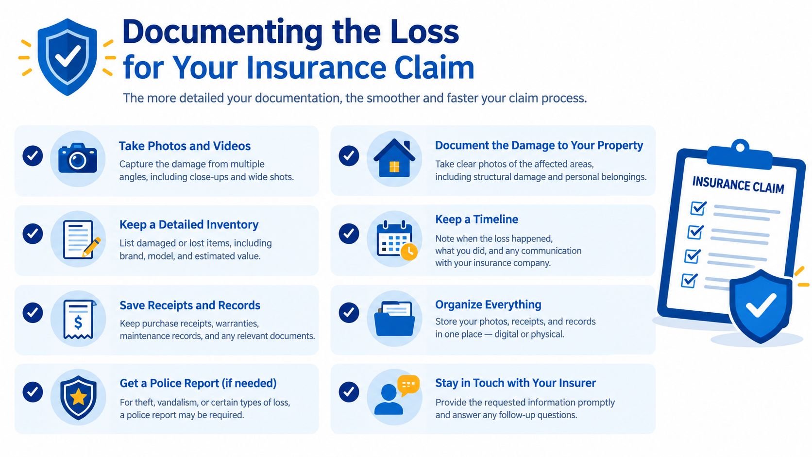 An infographic titled Documenting the Loss for Your Insurance Claim showing steps to process an insurance claim.