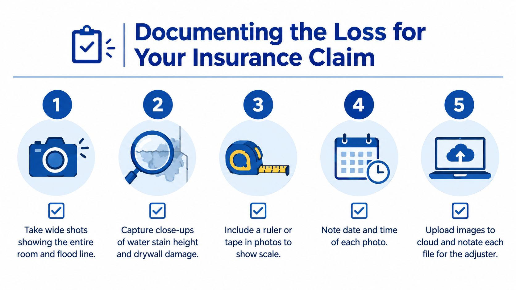 A step-by-step infographic showing how to document water damage for insurance claims with photographs.