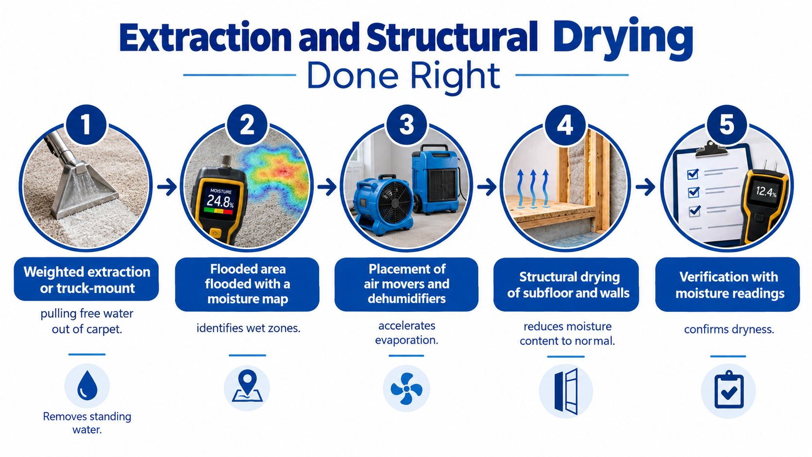 A five-step infographic illustrating the professional process of extraction and structural drying for water damaged properties.