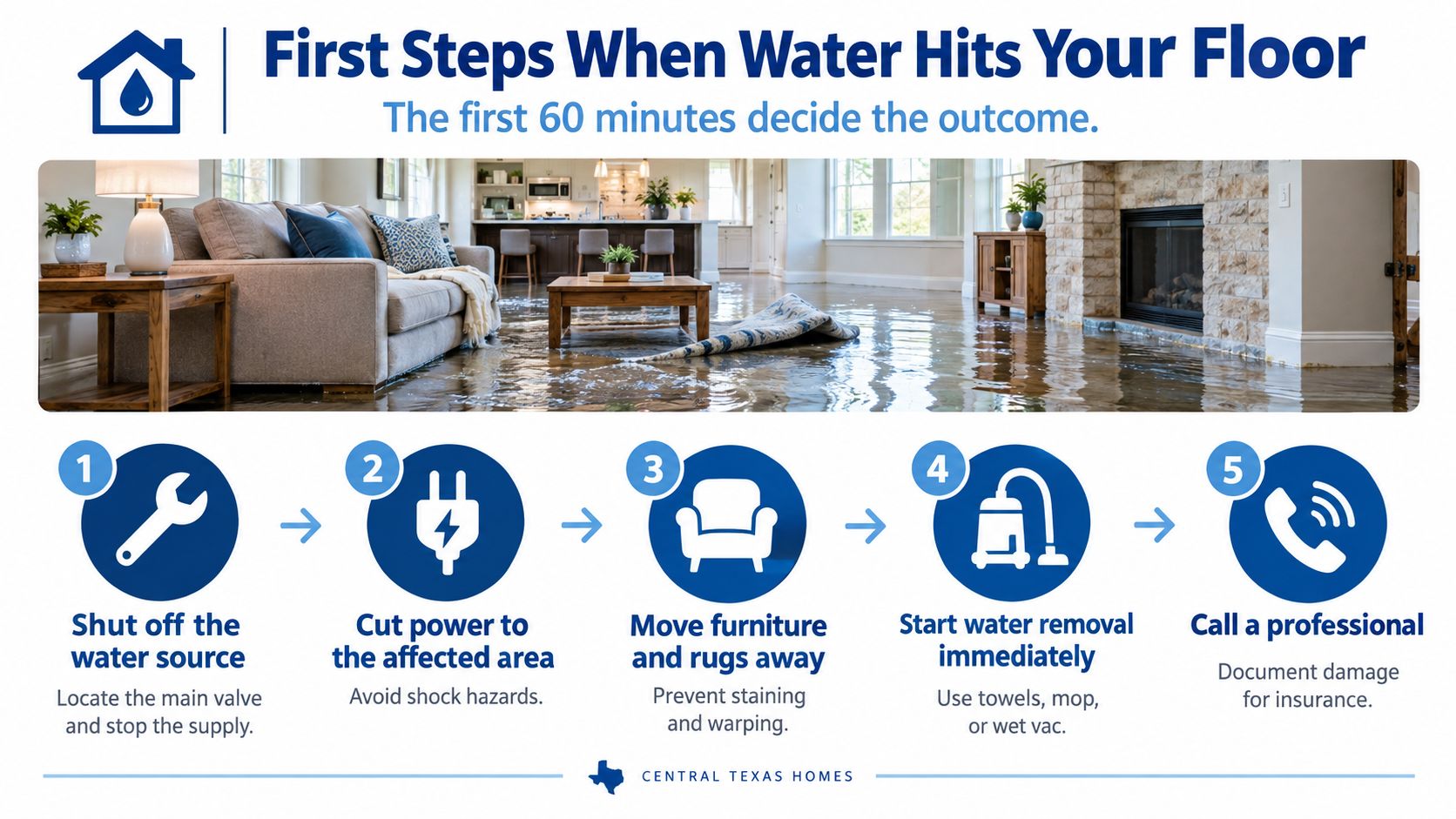 An infographic showing five essential steps to take immediately when flooding occurs in your home.
