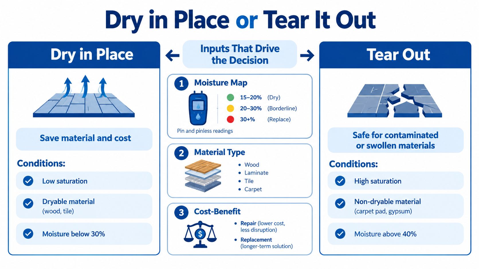 An infographic illustrating the decision process between drying in place or tearing out water-damaged flooring materials.