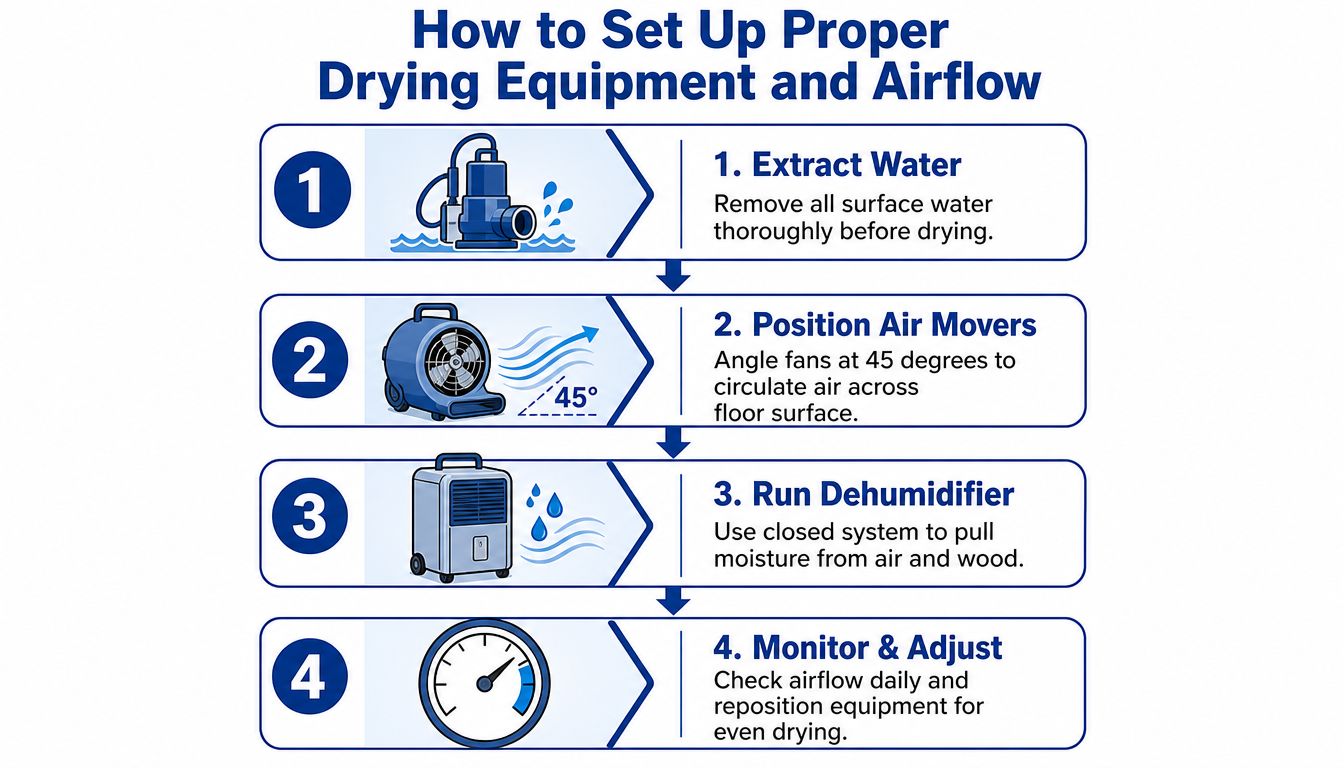 A step-by-step infographic titled How to Set Up Proper Drying Equipment and Airflow for water damage restoration.