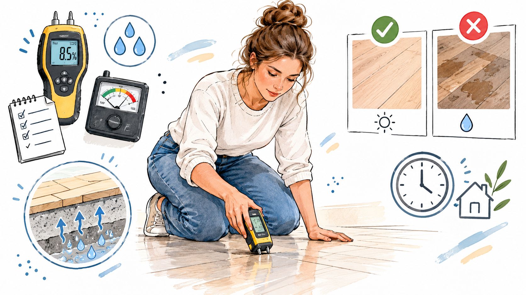A woman using a moisture meter to check for water damage under hardwood floors in a home.