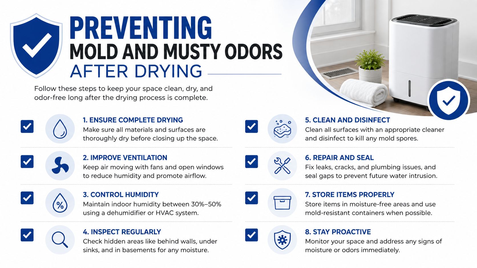 A professional infographic outlining eight essential steps to prevent mold and musty odors after a drying process.