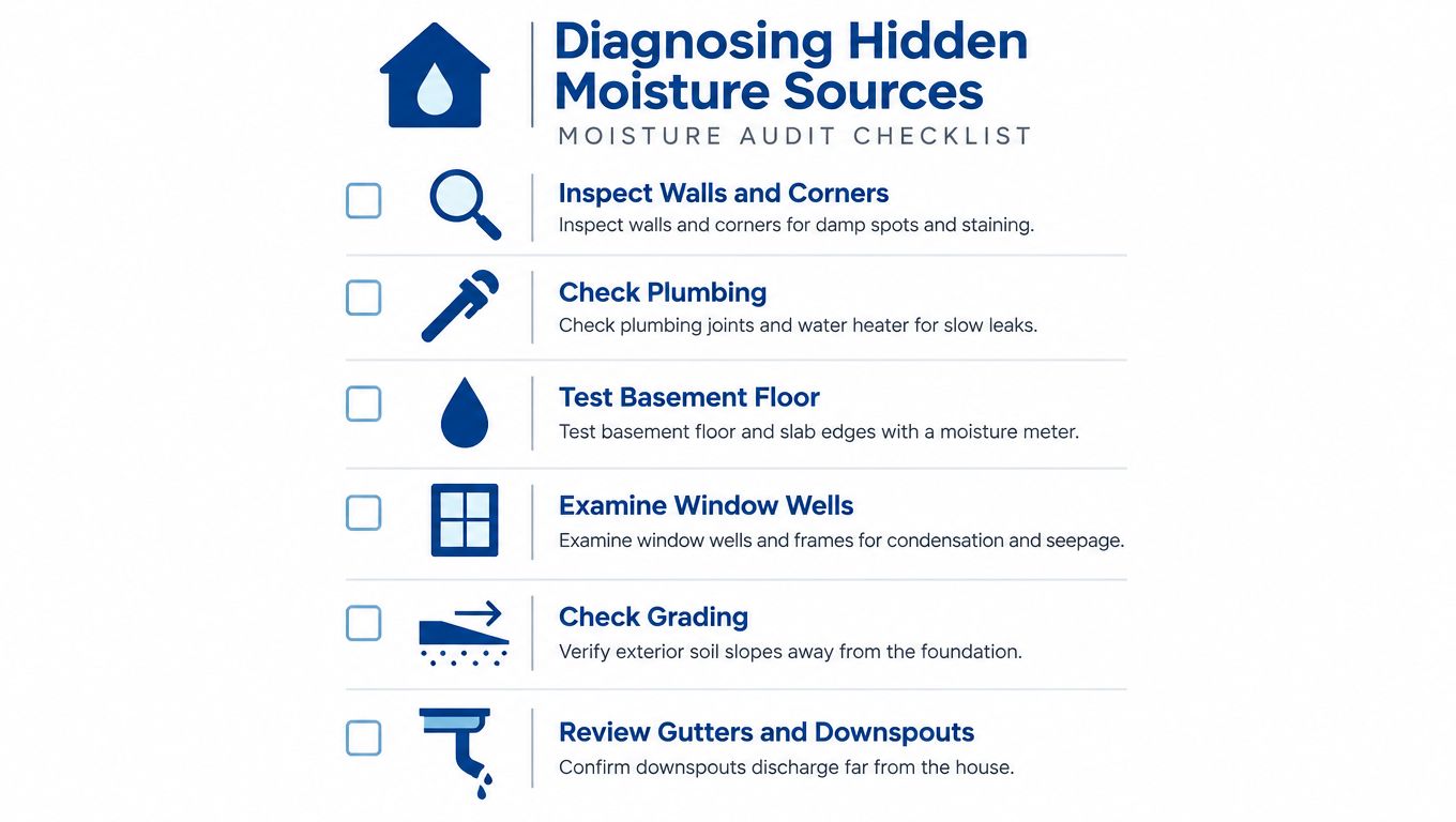 A moisture audit checklist with six tips for finding hidden water sources and preventing basement mold.