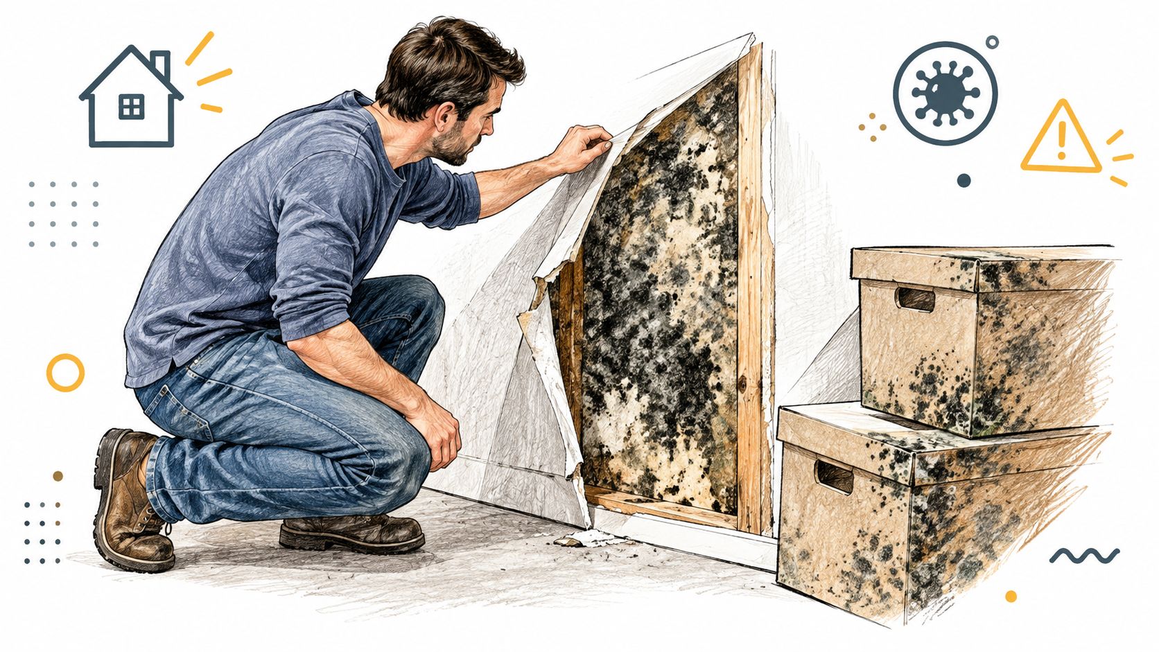 A man inspecting black mold growth behind peeling wallpaper in a basement with damaged cardboard boxes.