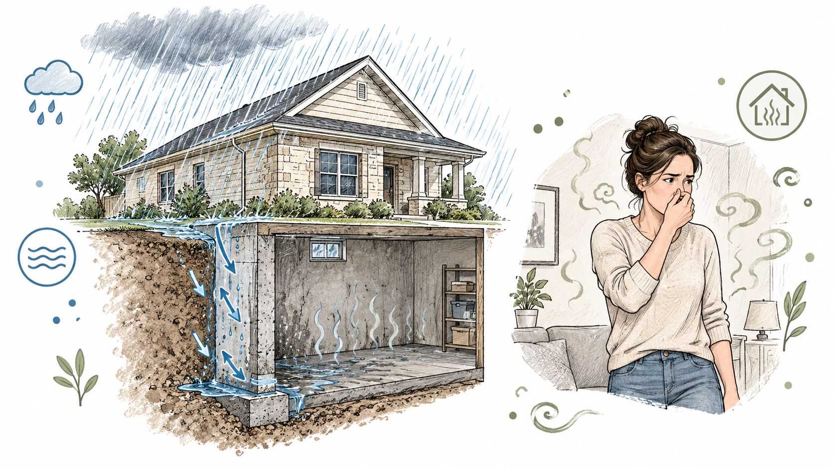 A diagram showing how rainwater causes water intrusion and mold growth in a residential basement foundation.