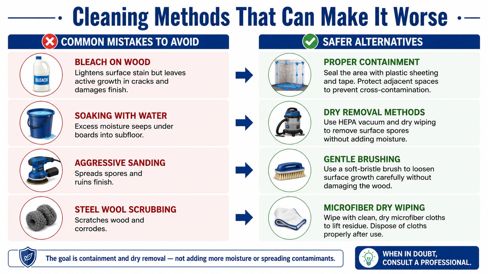 A comparison chart showing common mistakes and safer alternatives for removing mold from hardwood floors.