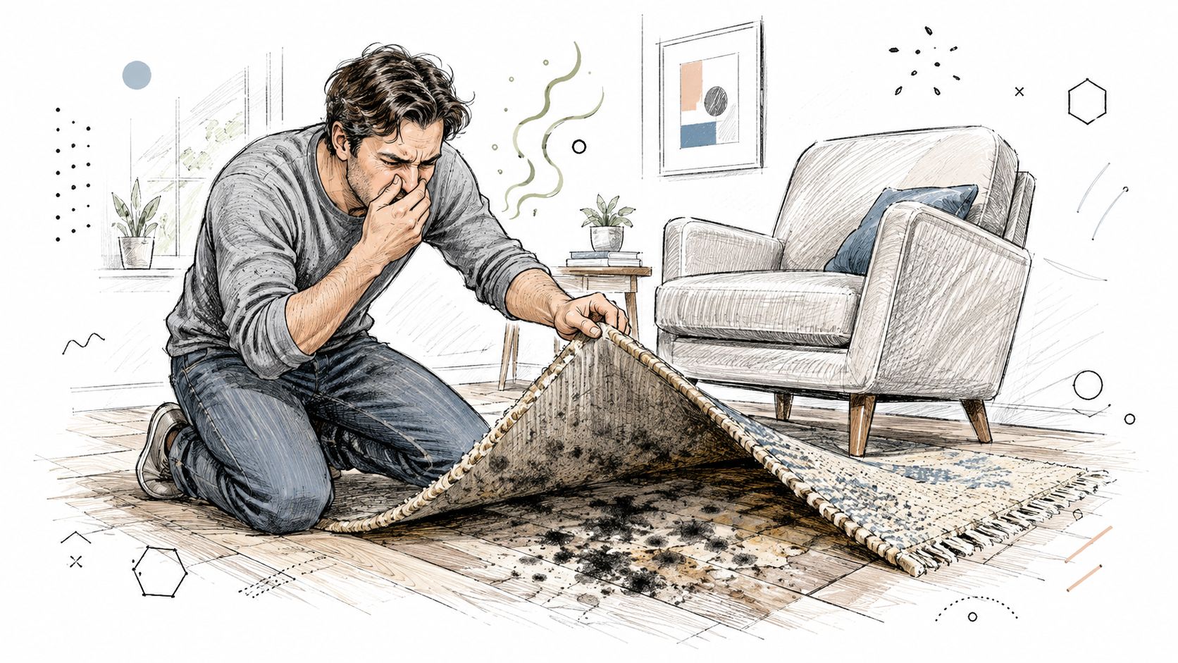 A man kneels on the floor, holding up a carpet to reveal dark mold growth on the hardwood.