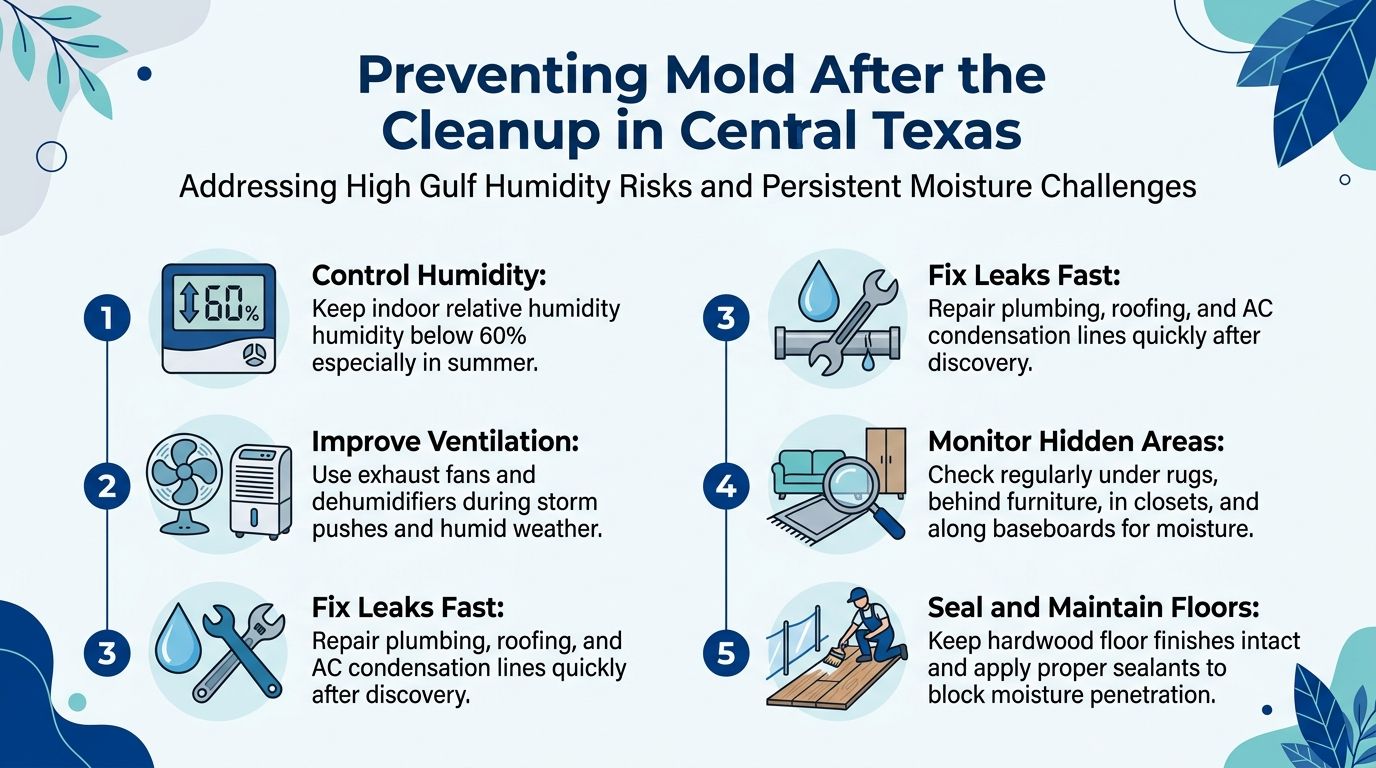 A helpful infographic showing five essential tips for preventing indoor mold growth after cleanup in Central Texas.