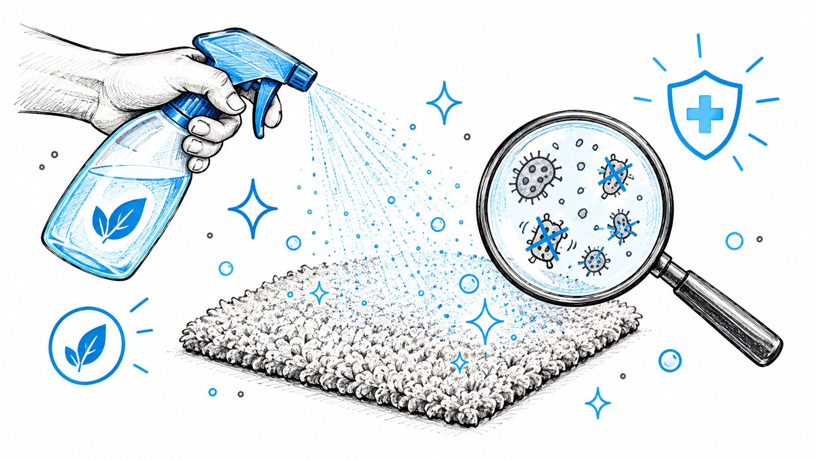 A hand spraying cleaning solution onto a carpet with a magnifying glass showing germs being eliminated.