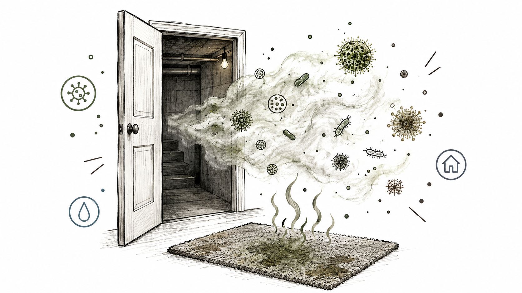 A conceptual illustration of a damp carpet emanating a foul smell and harmful bacteria into the air.