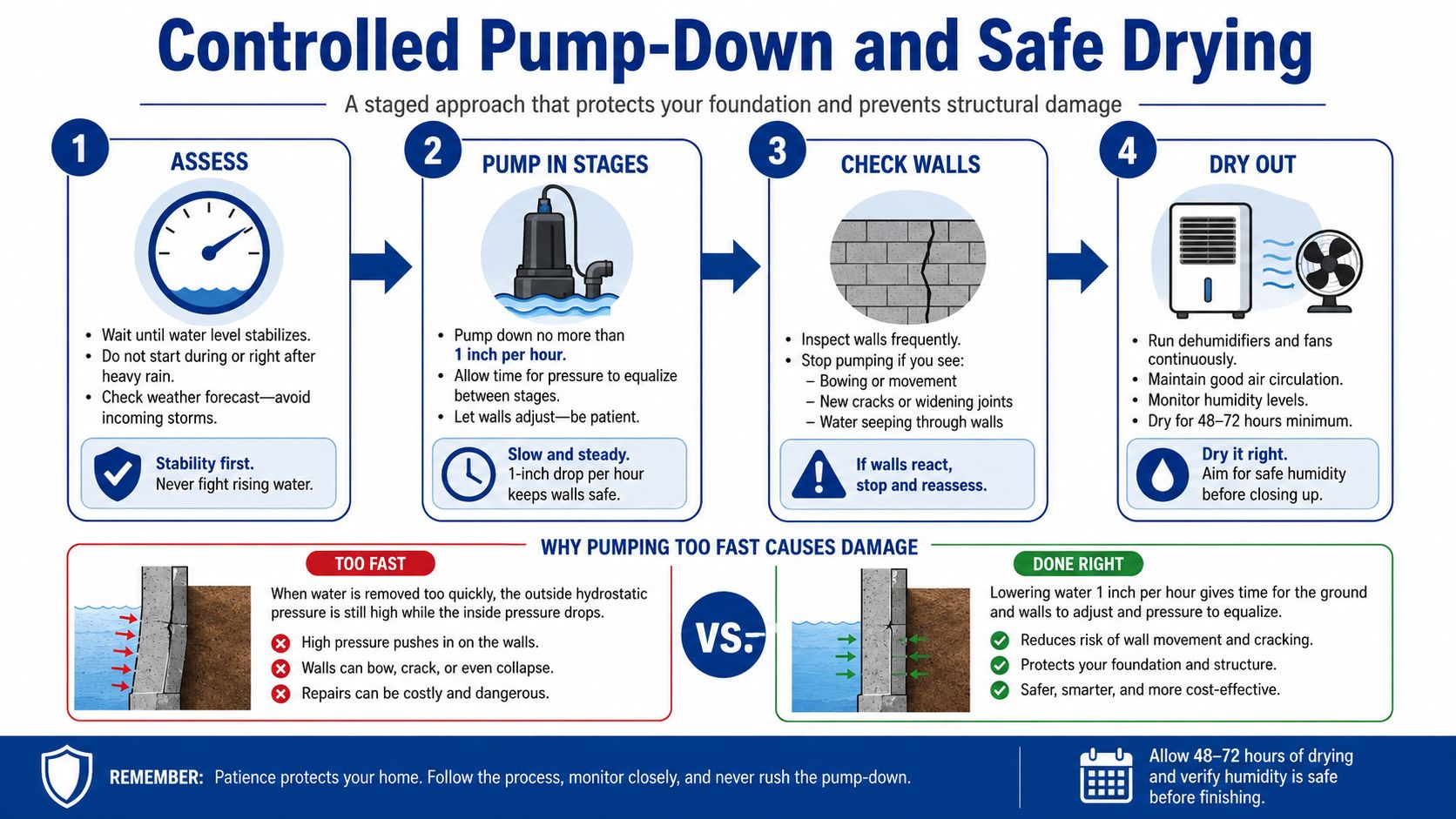 An infographic showing a safe, four-step process for pumping water out of a flooded basement foundation.