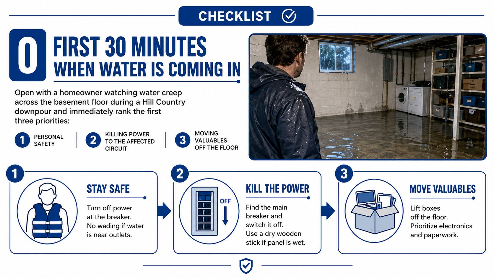 A safety checklist infographic explaining the first three priorities to follow when water enters your basement.