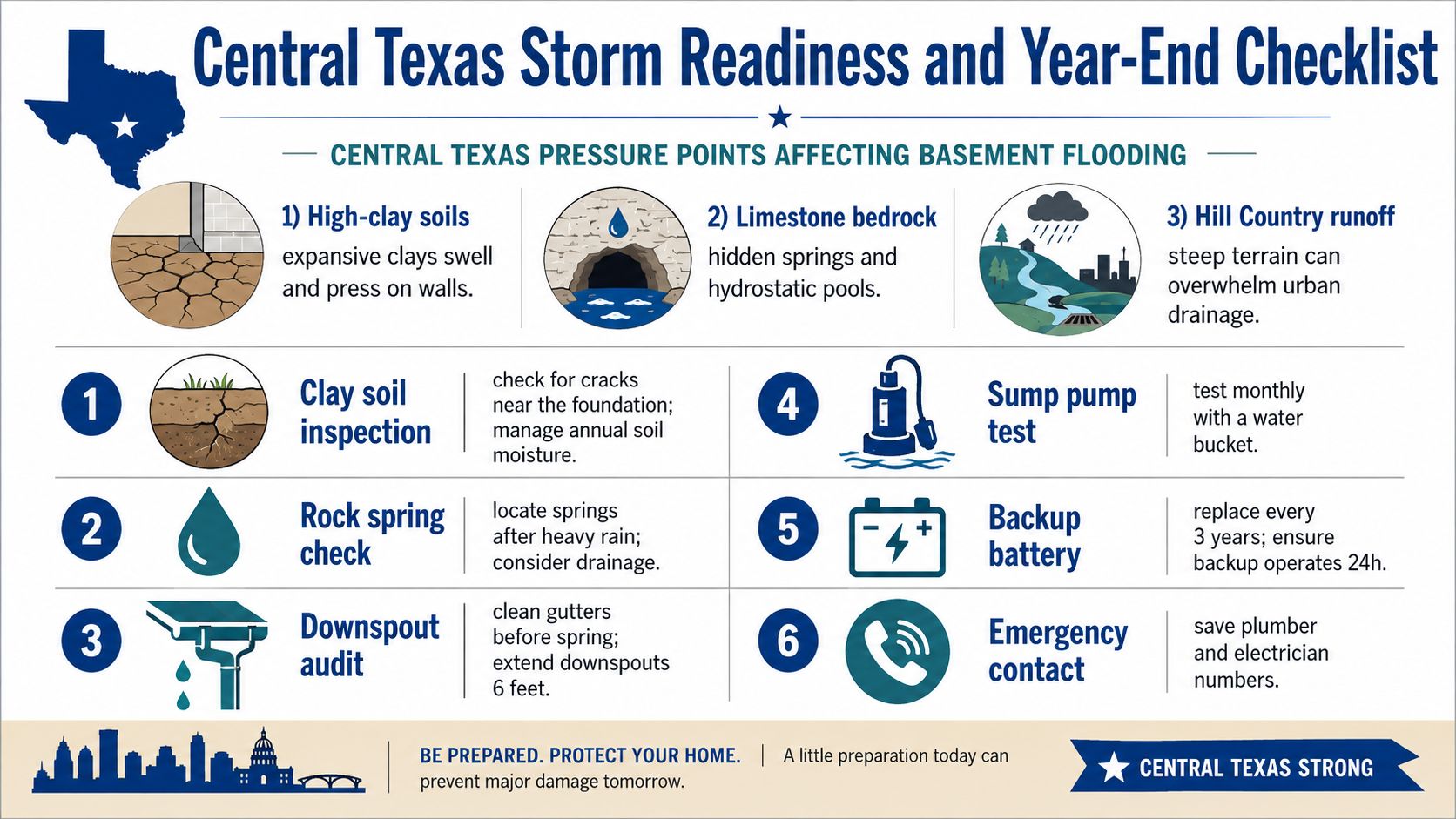 A Central Texas Storm Readiness checklist infographic detailing factors for basement flooding and six maintenance steps.
