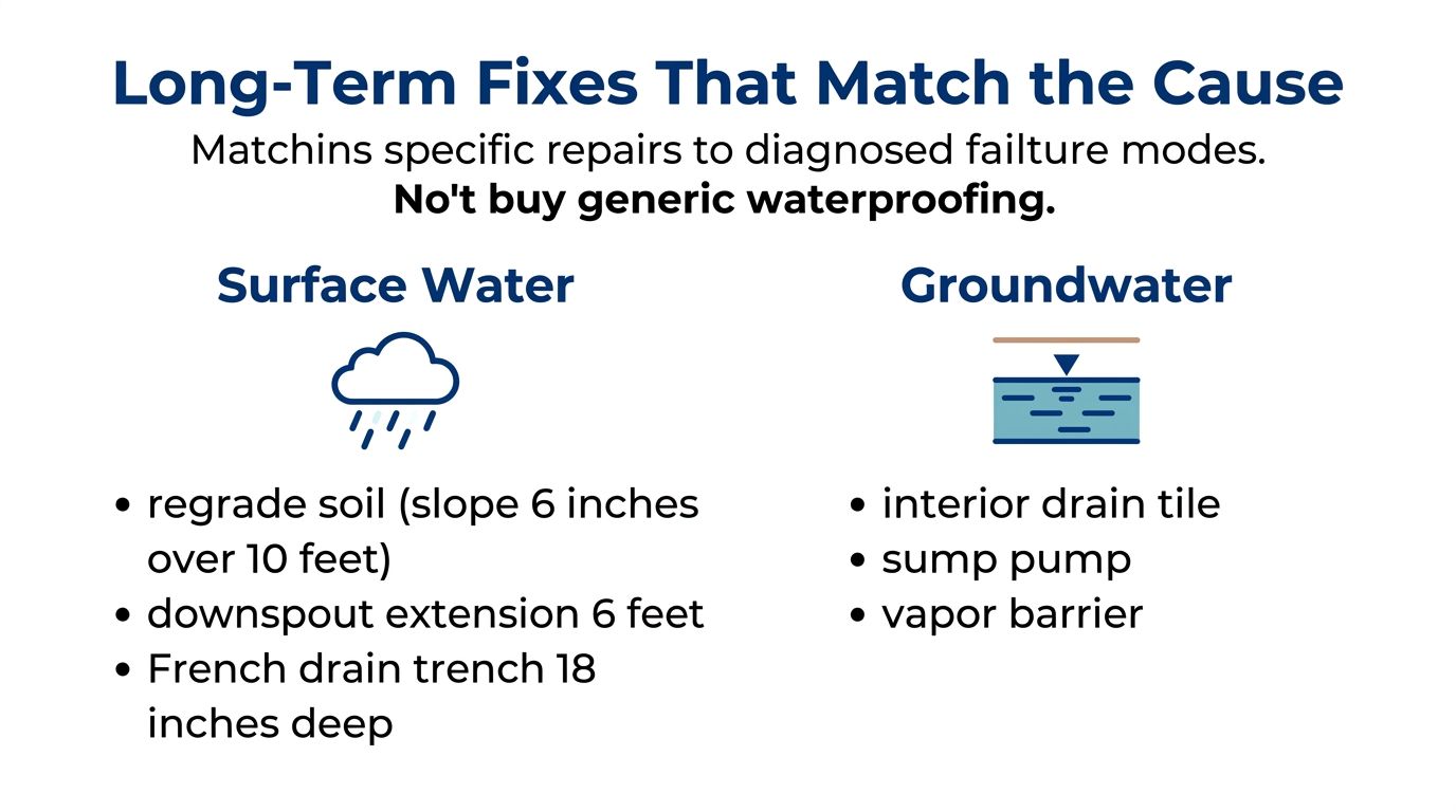 A chart illustrating long-term solutions for basement flooding caused by either surface water or groundwater issues.