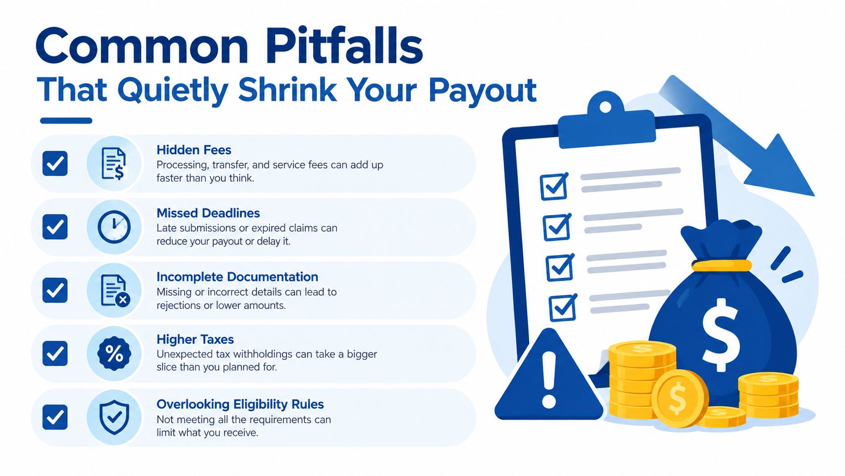 An infographic detailing five common pitfalls that can reduce insurance payouts, including fees, deadlines, and documentation errors.