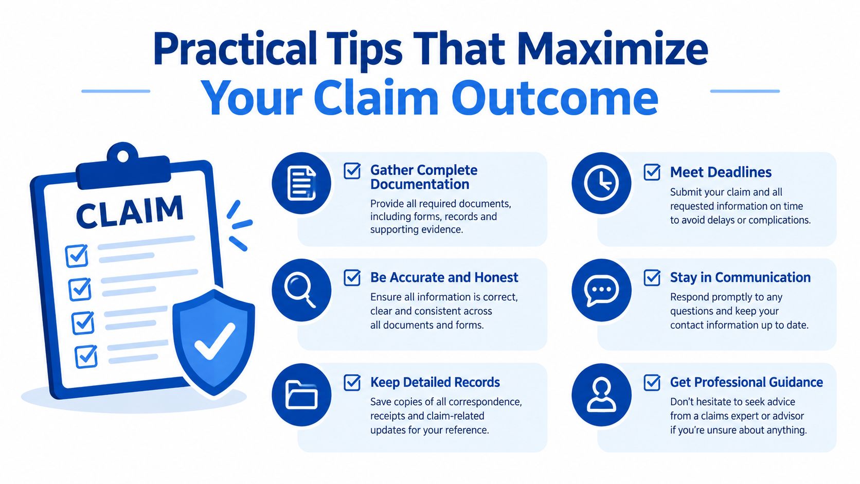 A helpful infographic outlining six practical tips to maximize your insurance claim outcome successfully and efficiently.