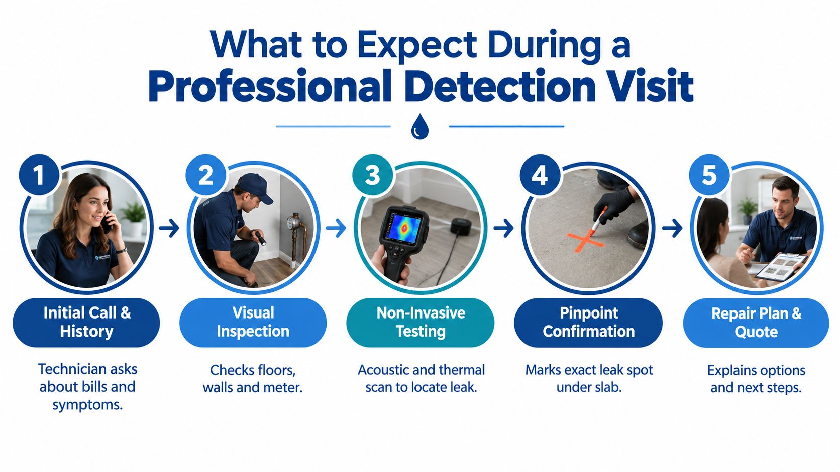 A five-step infographic showing the professional process for detecting a water leak under a concrete slab.