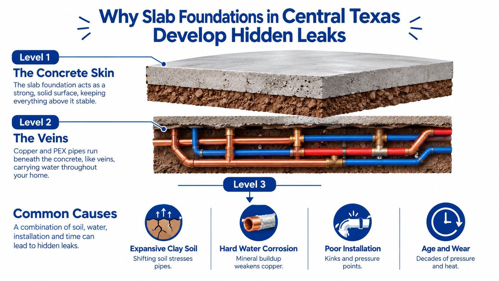 A diagram illustrating why slab foundations in Central Texas develop hidden leaks beneath the concrete surface.