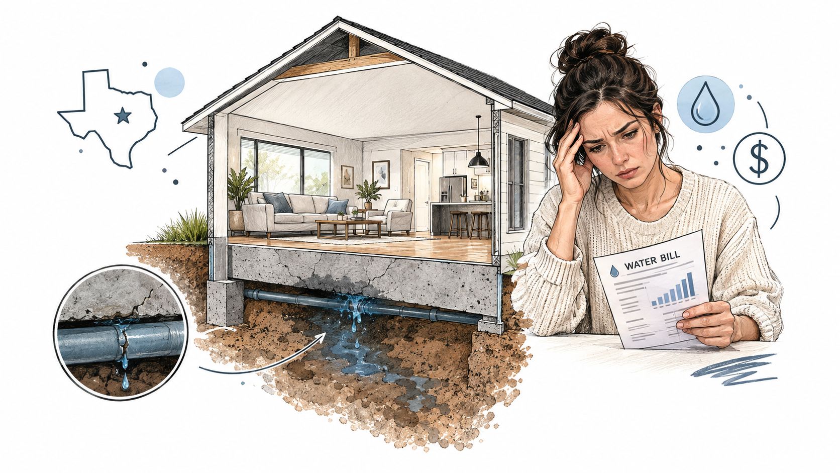 A concerned woman holding a high water bill caused by a plumbing leak under a concrete slab foundation.