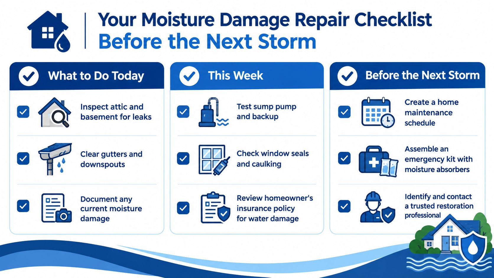A moisture damage repair checklist for homeowners featuring tasks to complete today, this week, and before storms.