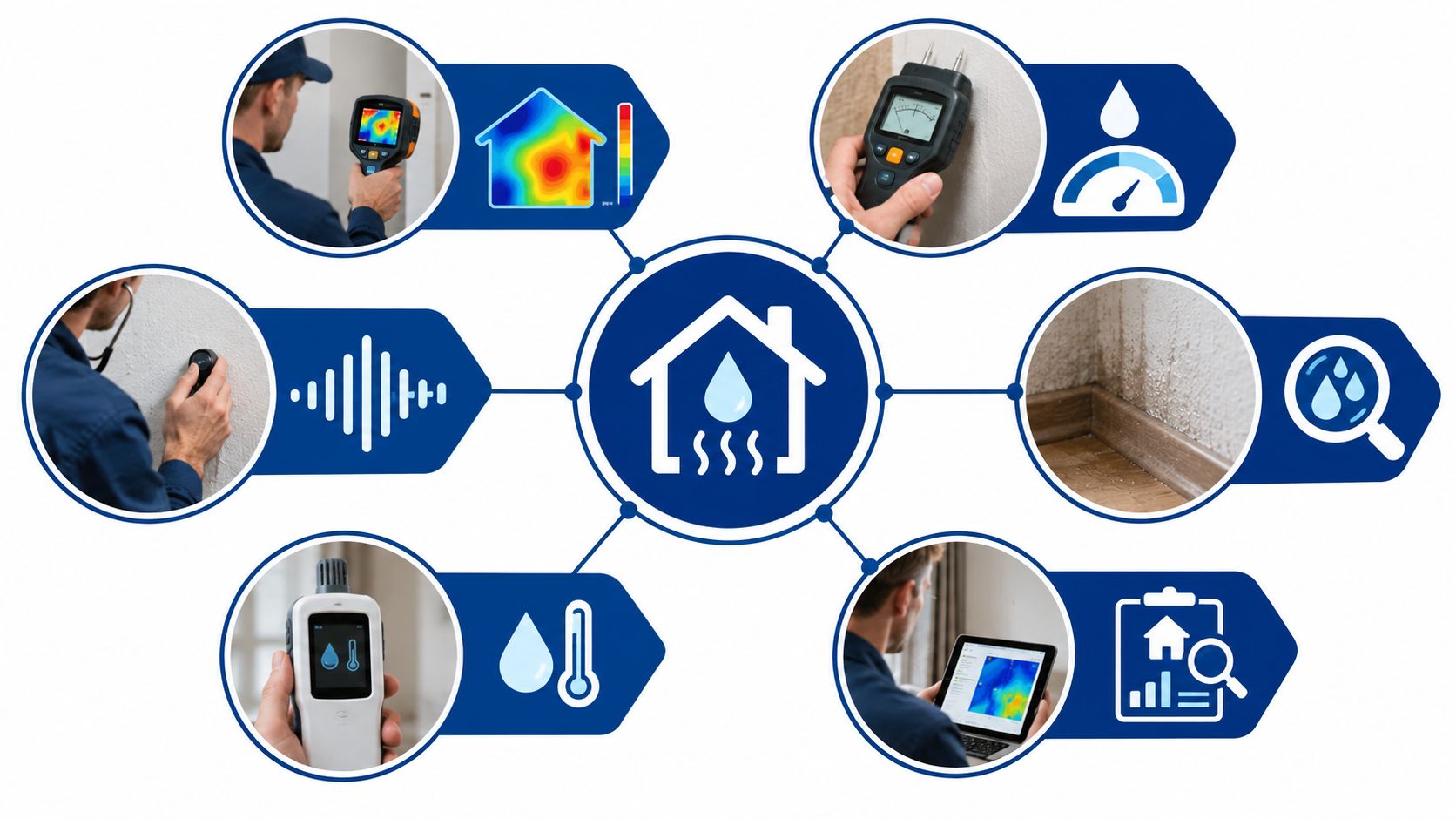 A professional home moisture damage repair inspection process showcasing detection tools like infrared cameras and sensors.