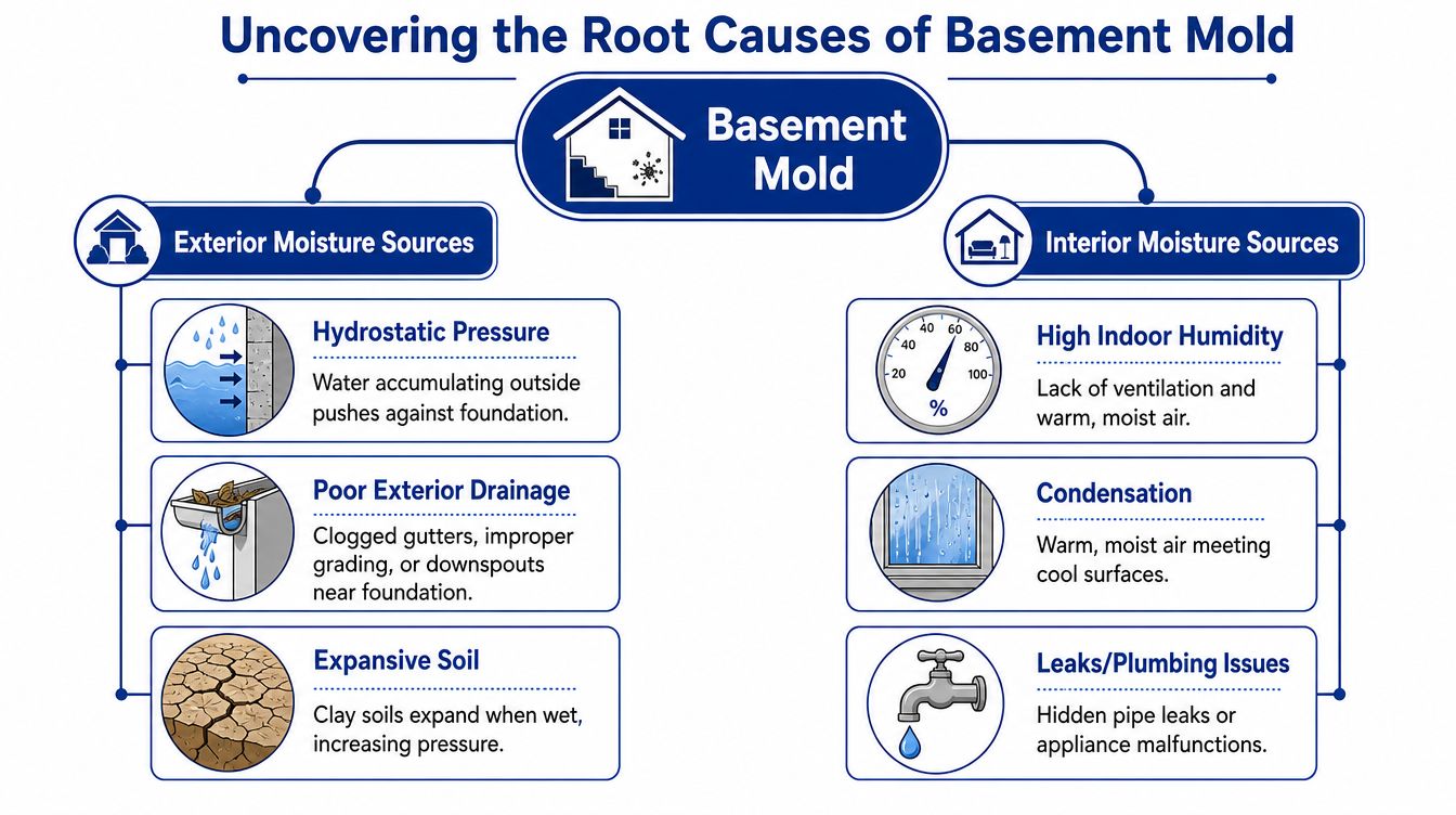 A flow chart illustrating common exterior and interior causes of mold growth in residential basements.