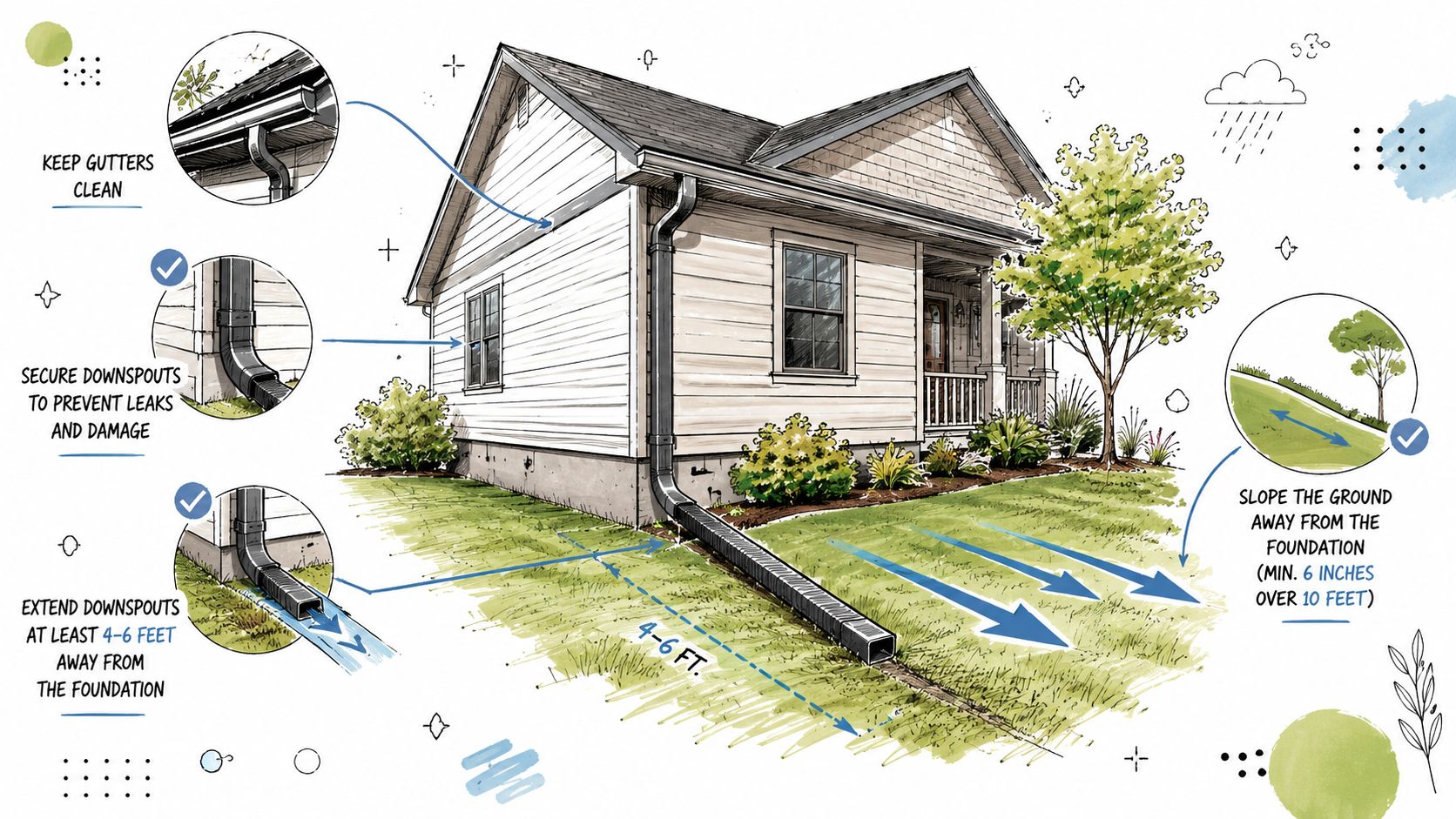 An illustration showing home maintenance tips for mold prevention including cleaning gutters and directing water away from foundations.