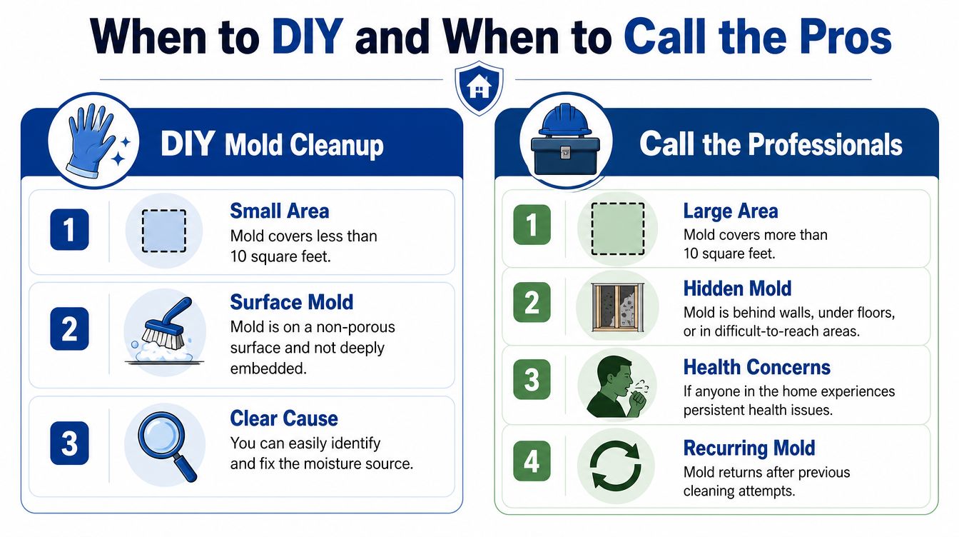 An infographic showing when to perform DIY mold cleanup versus when to call professional remediation services.