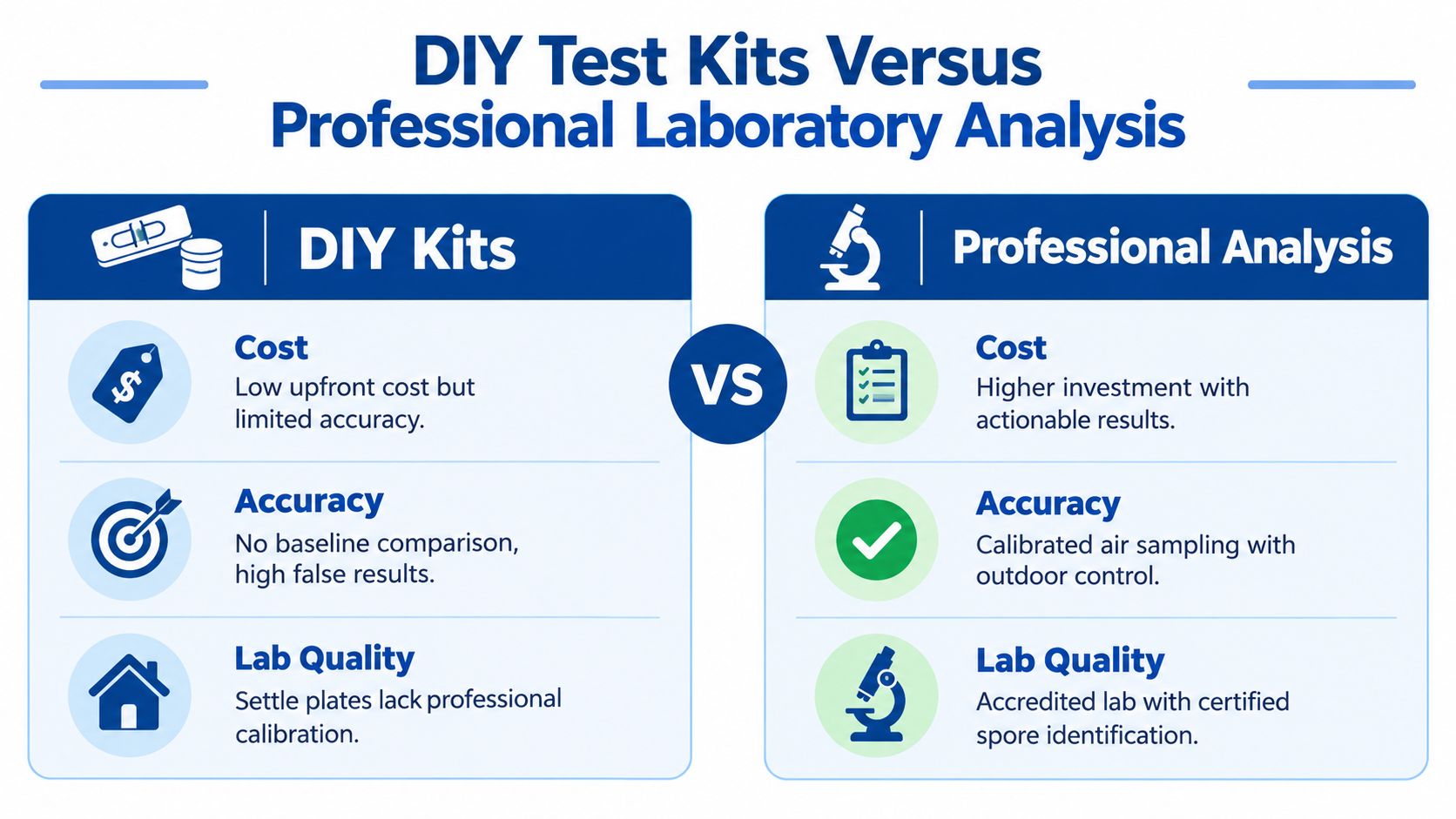 A comparison chart showing the differences between DIY home mold test kits and professional laboratory analysis services.