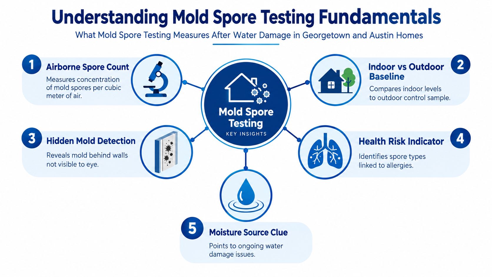 An infographic titled Understanding Mold Spore Testing Fundamentals outlining five key measures for assessing indoor air quality.