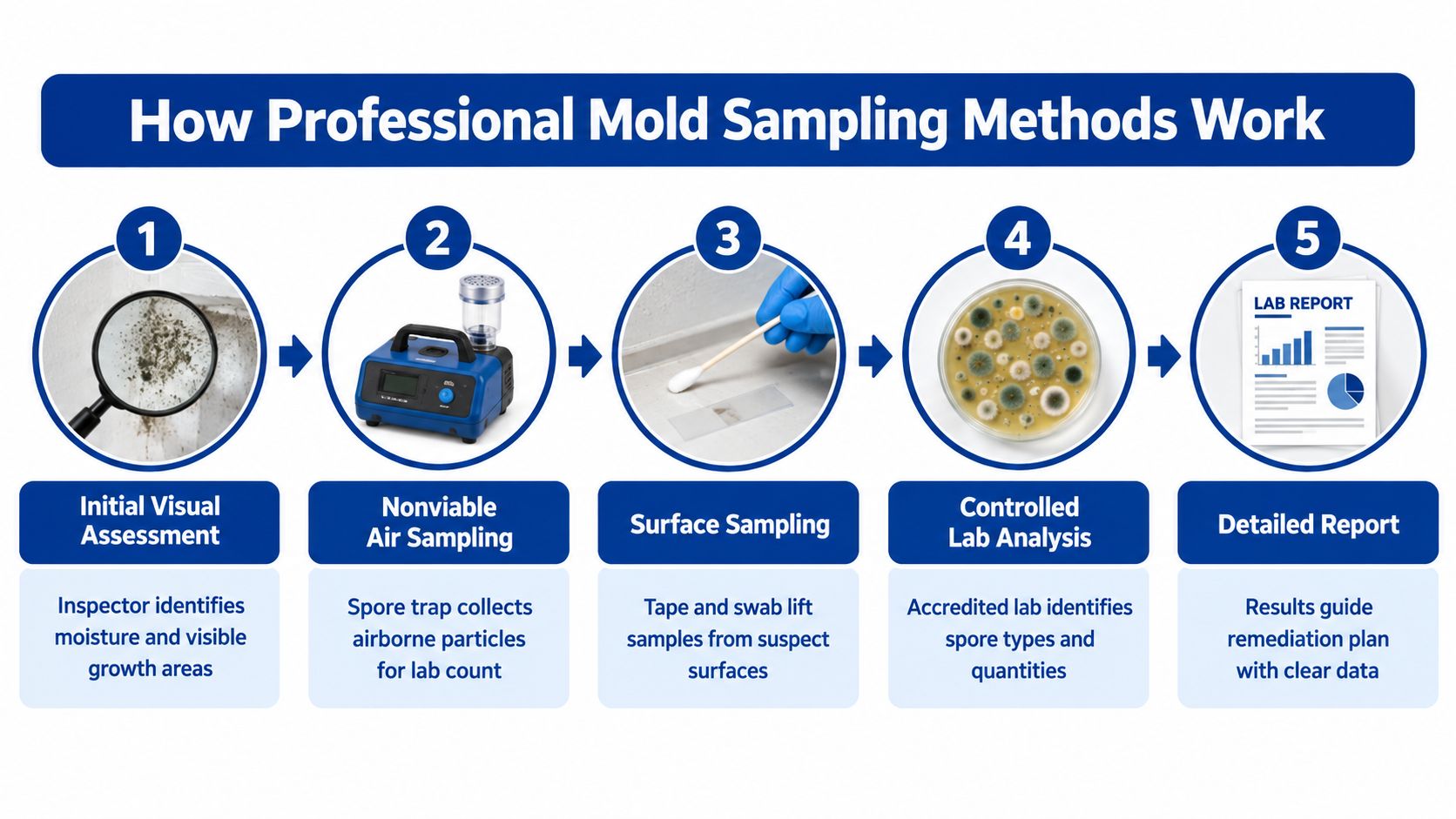 An infographic showing the five-step professional process for testing and identifying indoor mold spore contamination.