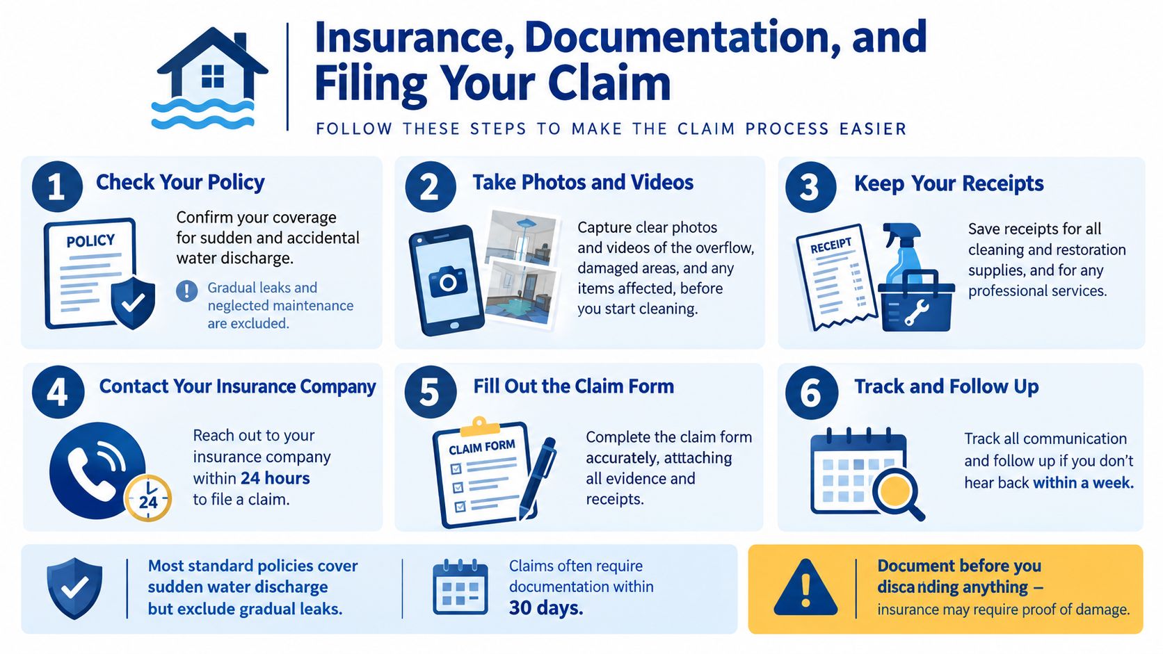 An infographic illustrating six essential steps for filing an insurance claim after a water damage event.