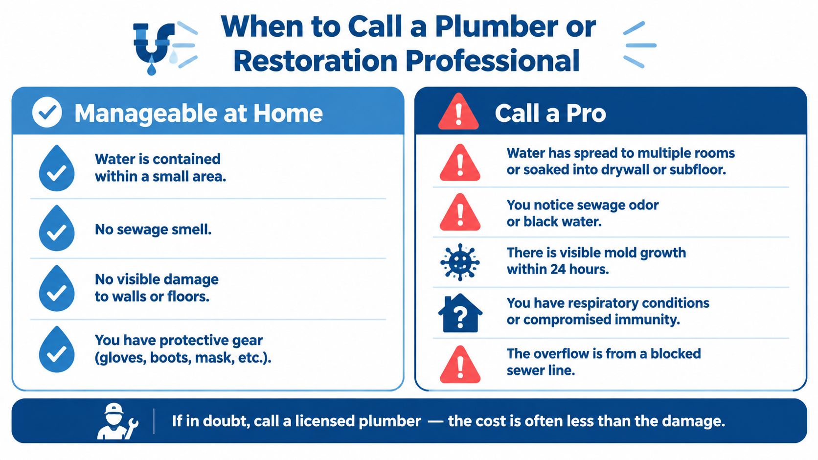 A helpful chart distinguishing when to manage water overflow at home versus calling a professional plumber.